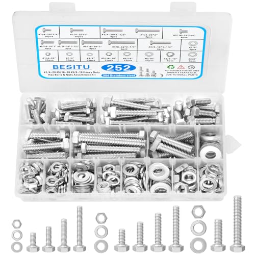 Besitu 252Pcs Hex Bolts and Nuts Assortment Kit, 1/4-20, 5/16-18, 3/8-16 Assorted Bolts Nuts and Washers Kit, 304 Stainless Steel Machine Screw Sets with Case Silver-SAE Stainless Steel Hex Bolts