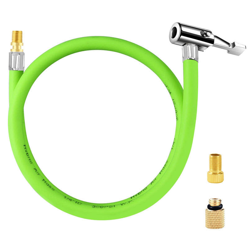 GODESON 20" Tire Inflator Hose Adapter, Air Chuck with Green Rubber Hose and Standard Tire Valve Fine Thread, Schrader Valve Adapter for Tire Pump's Twist on Convert to Lock on Connection 20"