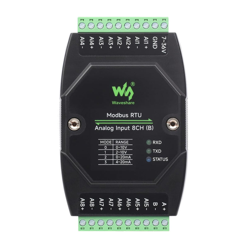 Waveshare Industrial 8-Ch Analog Acquisition Module, 12-Bit High-Precision, Supports Voltage and Current Acquisition, DC 7~36V Wide Voltage Power Supply, 8-ch Voltage Mode, 0~10V