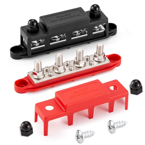 250 A 12 V Busbar 4 x M8 (5/16 Inch) Terminal Bolts DC Bus Bars Distribution Block with Cover, Negative & Positive High Performance Module BusBar Box for Car, Boat, Solar System (M8) M8-Standard