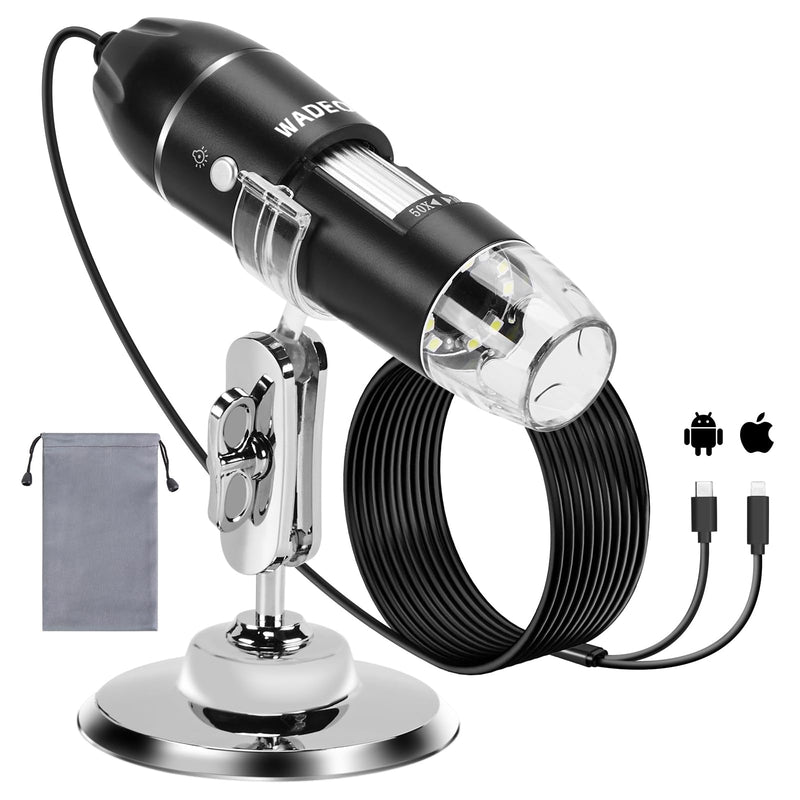 WADEO Digital Microscope, USB Microscope 1440P HD with 50X-1600X Magnification, Portable Inspection Camera, WiFi-Free, Wired Handheld Microscope with 8 LEDs and Stand, iOS, Android and Tablets Compatible