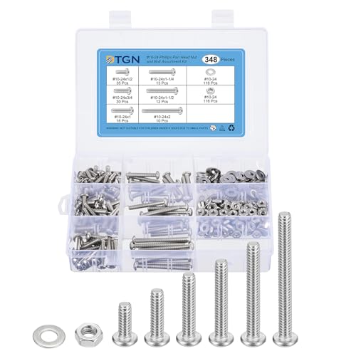 DTGN 348Pcs Nuts and Bolts Assortment Kit, #10-24 Phillips Pan Head Machine Screws, 304 Stainless Steel Screws 1/2", 3/4", 1", 1-1/4", 1-1/2", 2" Assortment Kit with Washers