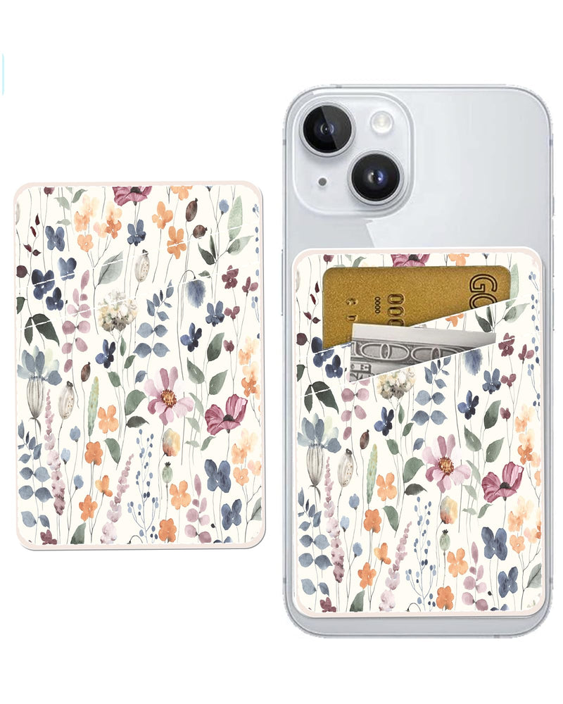 Phone Card Holder, Dual Pocket Leather Phone Wallet Adhesive Stick On, Cute Card Holder, Credit Card Holder for Phone Case Compatible with Most Phone Colorful Boho Leaf