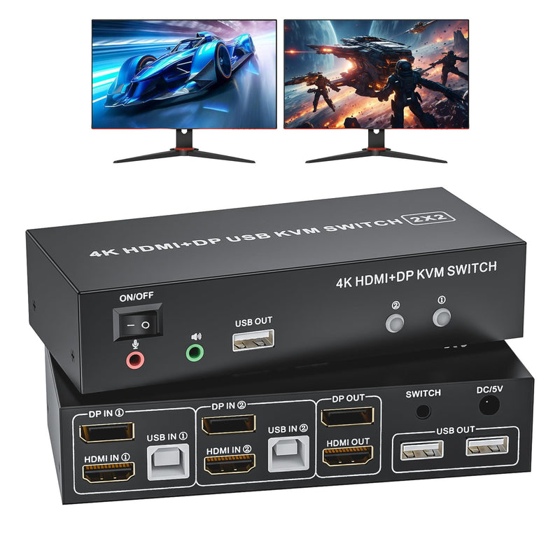 HDMI Displayport KVM Switch 2 Monitors 2 Computers, 4K@60Hz USB 2.0 DP 1.4 KVM Switch w/Audio Micro, Dual Monitor Supports Extended/Mirror Mode, 2-Port for 2 PC Share 1 Set of Keyboard Mouse Printer USB 2.0 2 PC 2 Monitors (HDMI+DP)