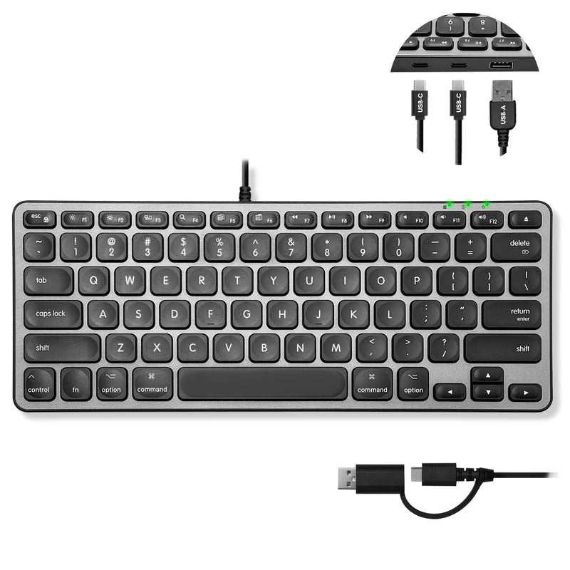 Macally Wired Keyboard for Mac with USB Hub (2X USB-C / 1x USB-A) - Compatible Small Apple Keyboard with 2 in 1 USB Plug - Save Space with an USB C Keyboard for Macbook Pro/Air, Mac Mini, iMac