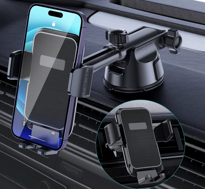 Car Phone Holder Mount, [Military-Grade Suction & Super Sturdy Base] 3 in 1 Universal Phone Mount for Car Dashboard Windshield Air Vent Hands Free Car Mount for iPhone Android Smartphone Black
