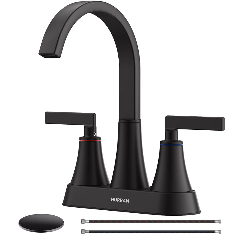 Hurran 4 inch Waterfall Bathroom Faucets with Pop-up Drain and Supply Lines | Matte Black Centerset Bathroom Sink Faucet, Stainless Steel 360 Swivel Bathroom Faucets for Sink 3 Hole Vanity RV Restroom