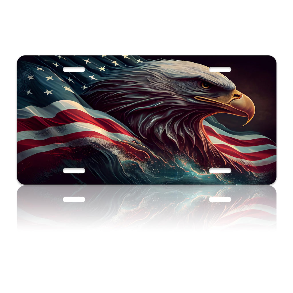 American Flag Eagle License Plate USA Flag License Plate Personalise Car Front Stainless Steel Metal Car Plates Tag Funny Novelty Vanity Tag 4 Screws Decorative for Men Women