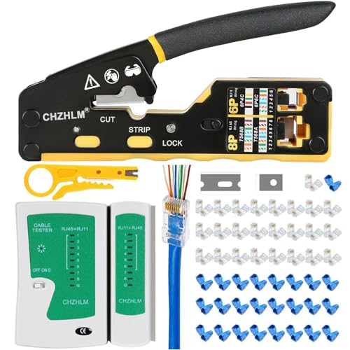 RJ45 Crimp Tool Kit Pass Through Crimper RJ45 Crimping Tool Stripper Cutter Crimper All-in-One for 8P RJ45 Cat5 Cat5e Cat6 6P RJ11/12 Telephone Connectors Network Enthernet Crimper kit 6P/8P RJ45 Crimp Tool Set