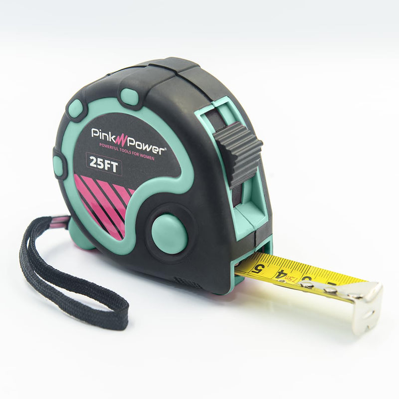 Pink Power Tape Measure with Fractions – Blue Heavy-Duty Small Measuring Tape Retractable with Easy-Read Markings, Electrician Self Centering Return, Magnetic Hook (Blue, 25 ft.)