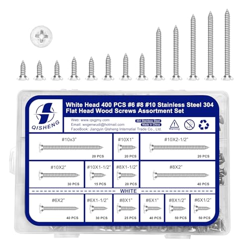 QISHENG 400 PCS White Head #6#8#10 Stainless Steel Phillips Flat Head Wood Screws Assortment Set,Stainless Steel 18-8 A2(304) Screw,Home Screw Kit #6#8#10 Set Set White