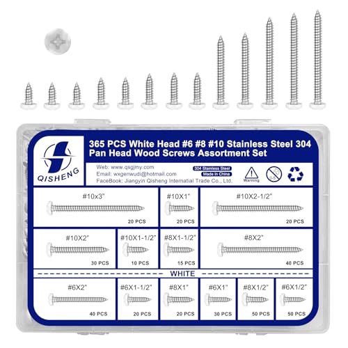 QISHENG 365 PCS #6#8#10 White Painted Phillips Pan Head Wood Screws Assortment Set, Stainless Steel 304 Fastener Kit for Cabinetry & Woodworking #6#8#10 Set