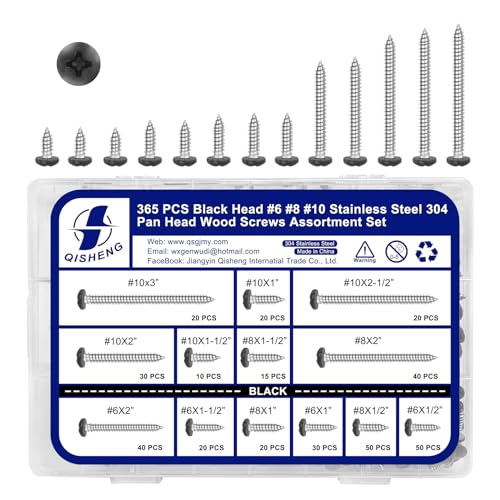 QISHENG 365 PCS #6#8#10 Black Painted Phillips Pan Head Wood Screws Assortment Set, Stainless Steel 304 Fastener Kit for Cabinetry & Woodworking #6#8#10 Set