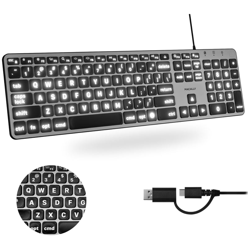 Macally Wired Keyboard for Mac (USB C + A) - Large Print and Backlit Apple Keyboard Wired - 107 Key Full Size Large Letters USB C Keyboard for Macbook Pro/Air, Mac Mini, iMac