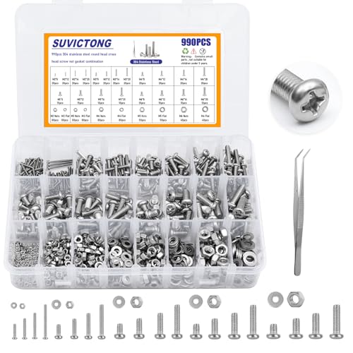 990Pcs Phillips Pan Head Machine Screws M2 M3 M4 M5 M6, Nuts and Bolts Assortment Kits, SUVICTONG Stainless Steel Metric Screws 8/12/16/20mm with Flat Washers and Tweezers Metric Kit-990pcs