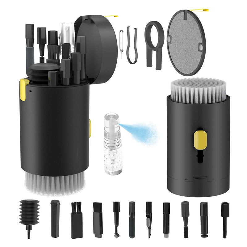 Tounee Keyboard Cleaner Kit, Electronics Cleaning Kit with Retractable Big Brush, Portable, 20 in 1 Multi-Tool Kit for Phones, Tablet, Computer, PC Monitor,TV Camera Lens with 2.5ml Mist Spray (Black) Black
