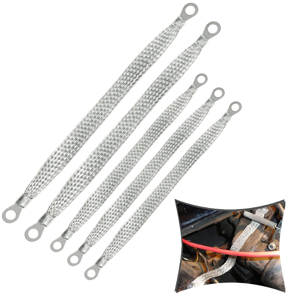 5 PCS Car Ground Strap Kit, 10In 13In 220V Metal Flat Braided Vehicle Ground Straps Accessories, Universal Durable Automotive Engine Ignition Coil Ground Strap for Truck SUV Car (Silver)