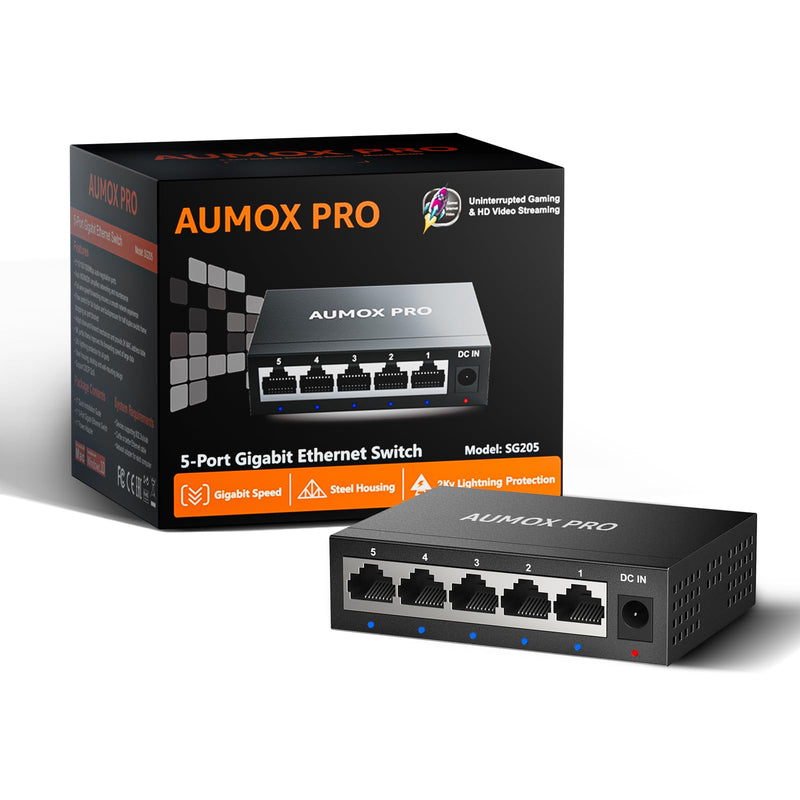 5 Port Gigabit Unmanaged Ethernet Switch, AUMOX PRO Home Network Hub, Office Ethernet Splitter, Plug-and-Play, Silent Operation, Desktop or Wall Mount, Fanless Metal Design 5 Port| 5*1G Port