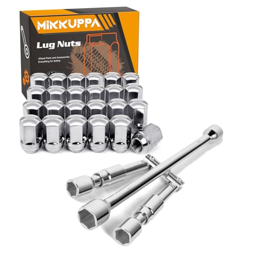 MIKKUPPA 24pcs M14x1.5 One-Piece Chrome OEM Factory Style Large Acorn Seat Lug Nuts & 4 Way Folding Lug Wrench