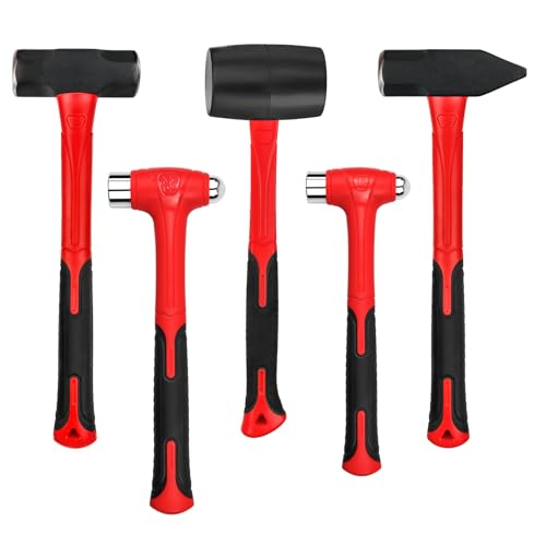 C&T 5-Piece Hammer Set, 16oz Ball Peen Hammer | 32oz Ball Peen Hammer | 32oz Rubber Mallet | 3lb Sledge Hammer | 3lb Cross Peen, Fiberglass Handle & Mallet Set 5pc