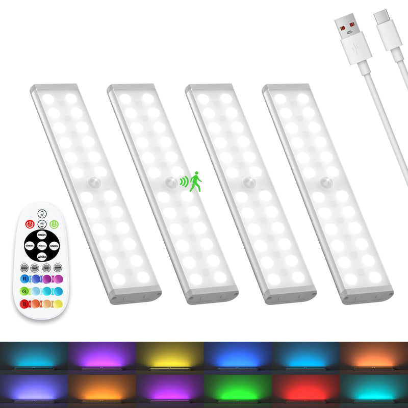 Under Cabinet Lights Wireless, 58-LED Rechargeable Motion Sensor Closet Lights with Remote Control, RGB Color Changing Under Counter Lights for Kitchen, Pantry, Bedroom, Stairs, 4 Pack RGB Motion Sensor with Remote