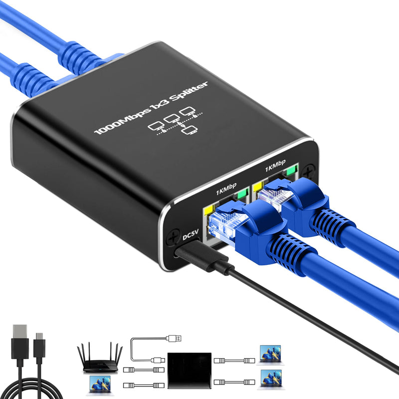 Ethernet Splitter, Gigabit Network Port Splitter 1 in 3 Out, 1 Female to 3 Female High Speed LAN Internet Adapter with USB C Charging Cable, Plug and Play for Cat5 Cat5e Cat6 Cat7 Cat8 RJ45 Cord Gigabit Ethernet Splitter 1 to 3 (1 Pack)