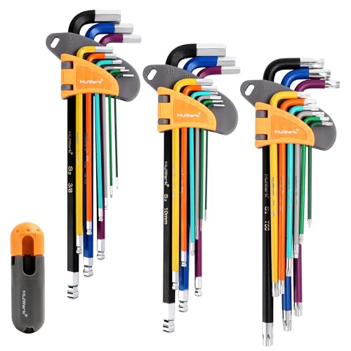 MULWARK 28 PCS Allen Key Set, Long Arm Ball End Hex Key Wrench Set with T-Handle | SAE 1/16–3/8, Metric 1.5–10mm, Torx T10–T50 | S2 Steel Allen Wrenches Set 28 pcs Metric SAE Torx