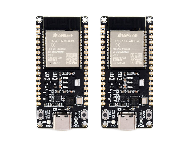 2PCS Waveshare ESP32-C6 Microcontroller, WiFi 6 Development Board, 160MHz Single-Core Processor, ESP32-C6-WROOM-1-N8 Module, Supports USB and UART Development