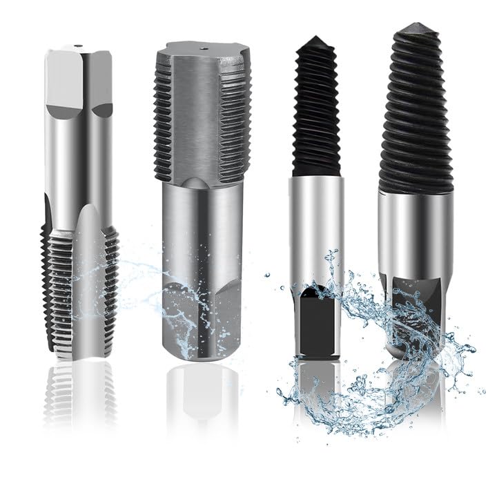 Screw Extractor and Pipe Tap 1/2 Inch and 3/4 Inch Pack of 4 | Pipe thread set left extractor screw remover professional for maintenance work valve tap removal damaged screws