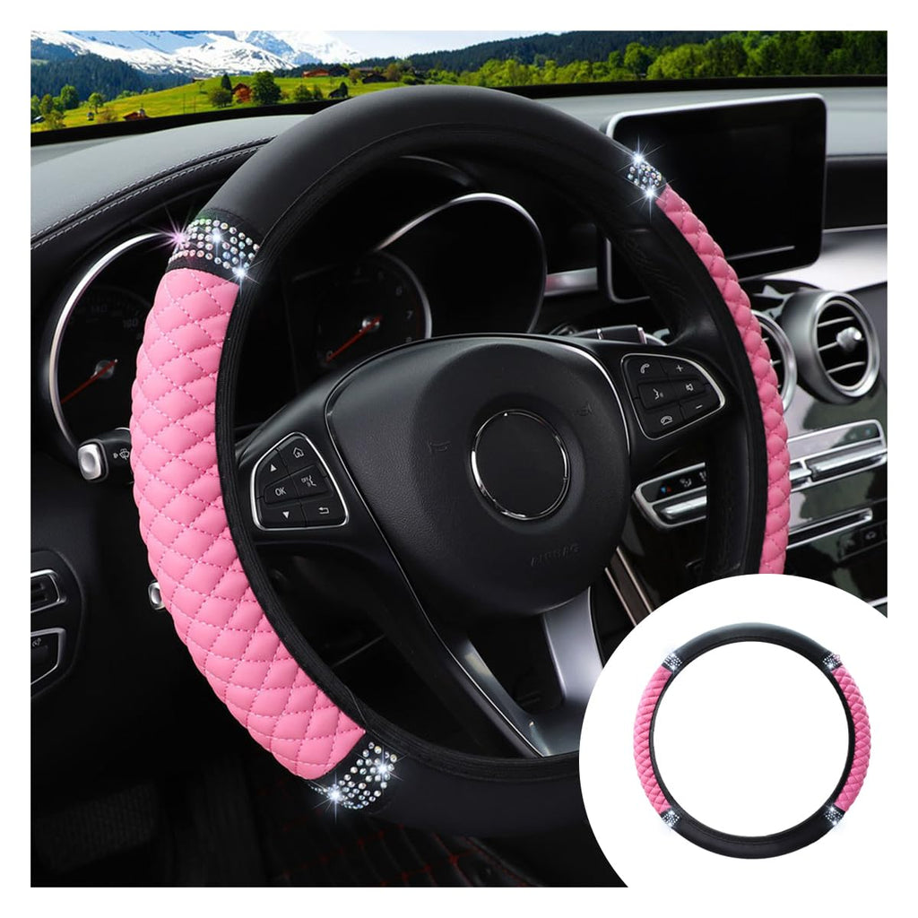 Bling Soft Leather Steering Wheel Cover, 15 Inch Colorful Rhinestones Auto Elastic Protector with Crystal Diamond for Women Girls, Car Accessories for Most Cars, SUVs (Pink) Pink