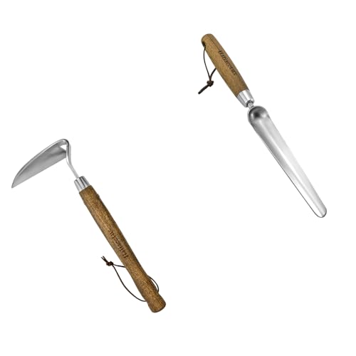 Haliaeetus Gardening Sickle Hoe, Stainless Steel Garden Planting Trowel for Repotting, Long and Narrow Widger for Weeding from Tight Areas, Hand Transplanter with Wood Handle for Planting, Weeding