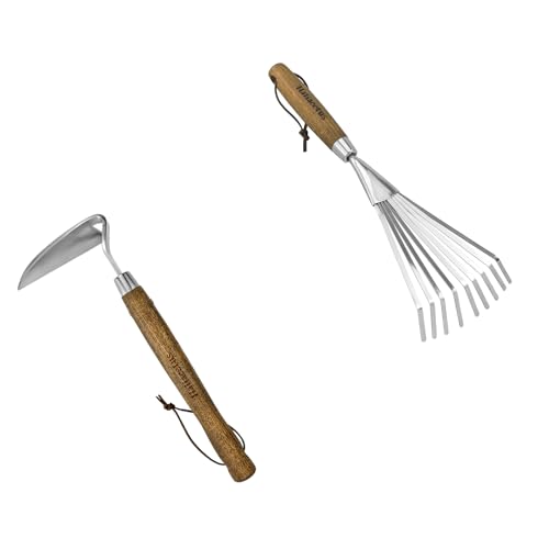 Haliaeetus Gardening Sickle Hoe, 14.6'' Small Hand Rake for Tight Areas, 9 Tines Stainless Steel Garden Rake with Ergonomic Wood Handle for Clearing Leaves and Loose Debris in Flower Bed