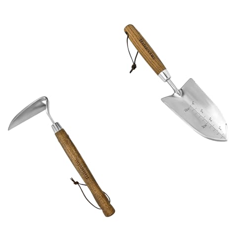Haliaeetus Gardening Sickle Hoe, 4'' Depth Marks Planting Shovel, V-Shaped Sharp Edge Garden Shovel, Stainless Steel Hand Shovel with Comfortable Wood Handle for Planting and Weeding