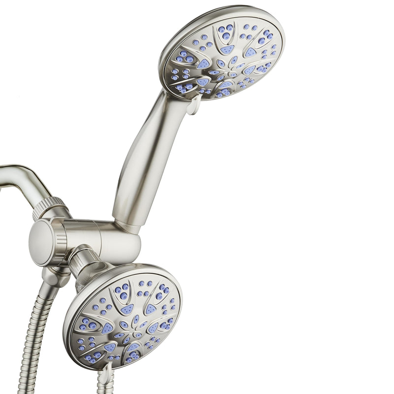 AquaDance Antimicrobial/Anti-Clog High-Pressure 30-setting Dual Head Combination Shower with Nozzle Protection from Growth of Mold, Mildew & Bacteria for a Healthier Shower – Sunset Blue 2.5 Gallons Per Minute Satin Nickel / Sunset Blue Jets