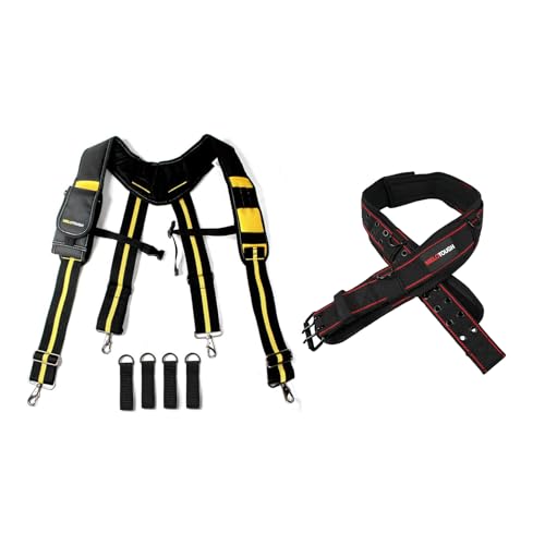 MELOTOUGH Padded Suspenders/Tool Belt Suspenders with phone holder Tape Holder Pencil holder Adjustable Straps + Padded Tool Belt with D ring for men construction, adjustable waist 33'-47 '