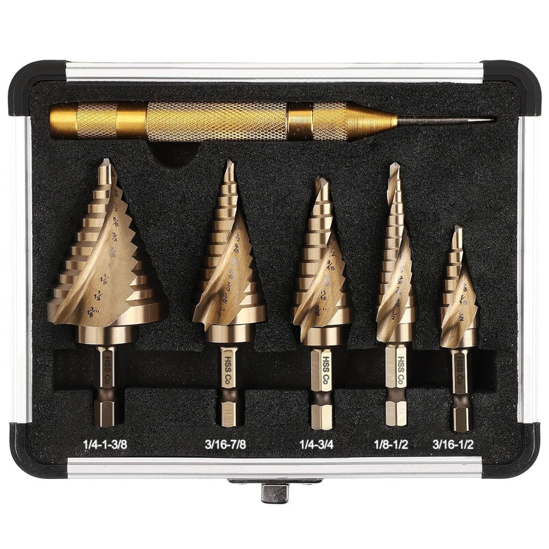 6PC Cobalt Step Drill Bit Set, Hex Shank Step Drill with Two Spiral Flutes and Automatic Center Punch for Metal, Stainless Steel, Aluminum, Wood, and Plastic with Aluminum Case, 50 Sizes M35-6PC