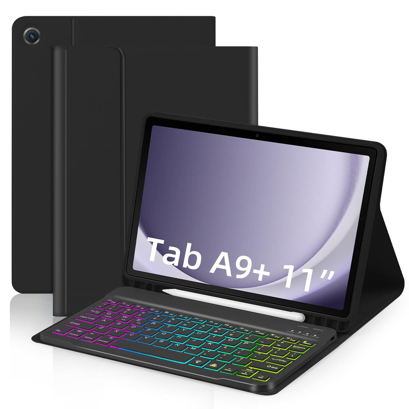 Case with Keyboard for Samsung Galaxy Tab A9 Plus 11 inch (SM-X210/X215/X216/X218),7 Color Rainbow Backlight Detachable Keyboard Magnetic Case with Pen Slot for Tablet A9+ 5G Black For Samsung Galaxy Tab A9+ 11 inch 2023 Black + Black