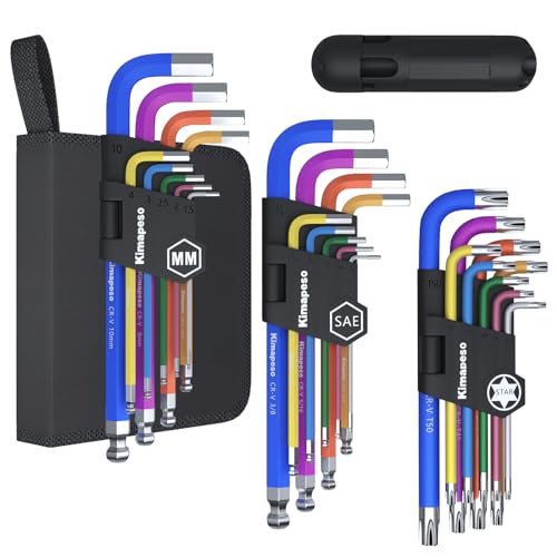 27 PCS Allen Key Set Torx SAE Metric Allen Wrenches Set Long Arm Ball End Hex Key Wrench Sets with T-Handle L-Hex Key Set Metric 1.5 to 10mm SAE 1/16 to 3/8″ Torx T10 to T50 27PCS Torx SAE Metric