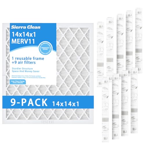 14x14x1 Air Filter,MERV 8 Pleated Air Conditioner HVAC AC Furnace Filters Reusable ABS Plastic Frame (1x Reusable ABS Frame+9 x Air Filter) (14x14x1) 14x14x1