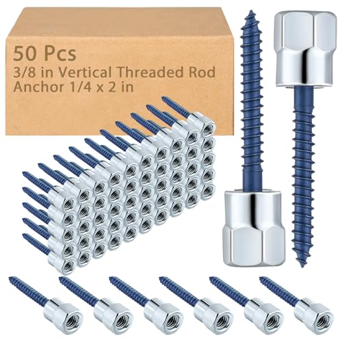 Tandefio 50 Pcs 3/8 in Vertical Threaded Rod Anchor 1/4 x 2 in Screw Threaded Rod Fitting Vertical Anchor Designed for Wood Concrete Structure Pipe Hanger, Silver and Blue