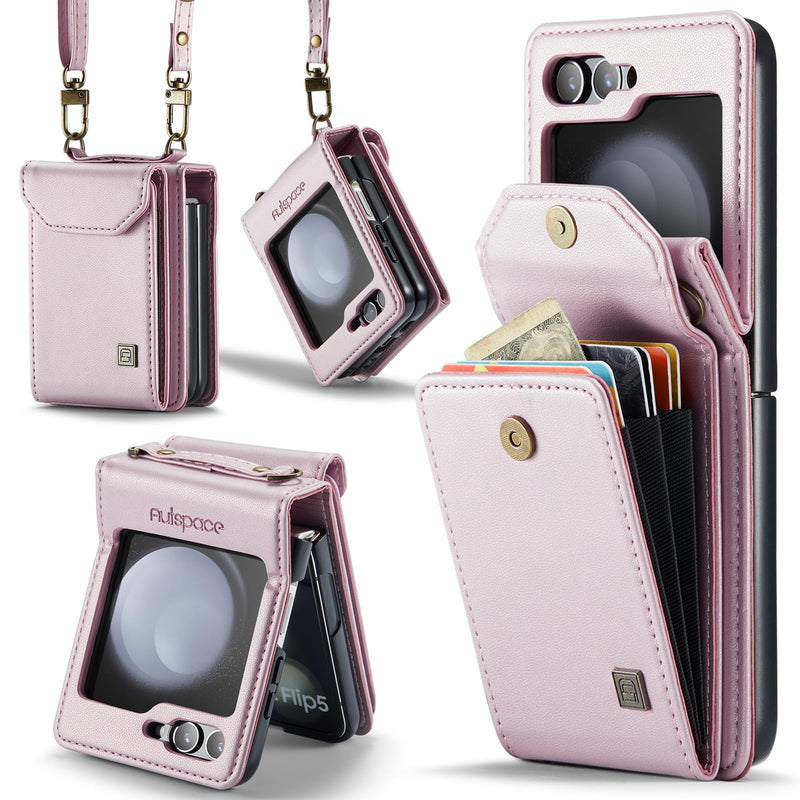 ASAPDOS Samsung Galaxy Z Flip 5 Crossbody Case,Retro PU Leather Strap Wristlet Flip Case with Magnetic Closure and Card Holder for Men Women Rose Gold