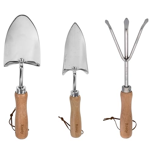Rooty Gardening Tool Set 3 Pieces Stainless Steel Heavy Duty Gardening Kit Includes 2 Sizes of Hand Trowels and Cultivator Easy for Garden Cultivating Soil Lossening Transplanting Digging Garden Tool Set 3