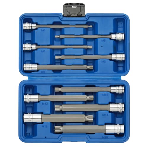 EMENTOL XZN Triple Square Spline Bit Socket Set, Extra Long 5.9-Inch, 10 Pieces 3/8" and 1/2" Drive M4 - M16, MT14 - MT18, CR-V and S2 Steel
