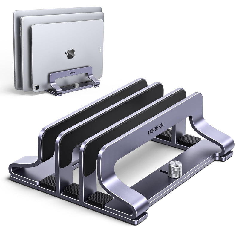 UGREEN 3-Slot Vertical Laptop Stand Holder Desk Compatible with MacBook Pro Air Laptop Stand Desktop Adjustable, Lenovo Ideapad, Surface Book, HP Notebook, Dell Chromebook Up to 17.3 Inch, Space Gray