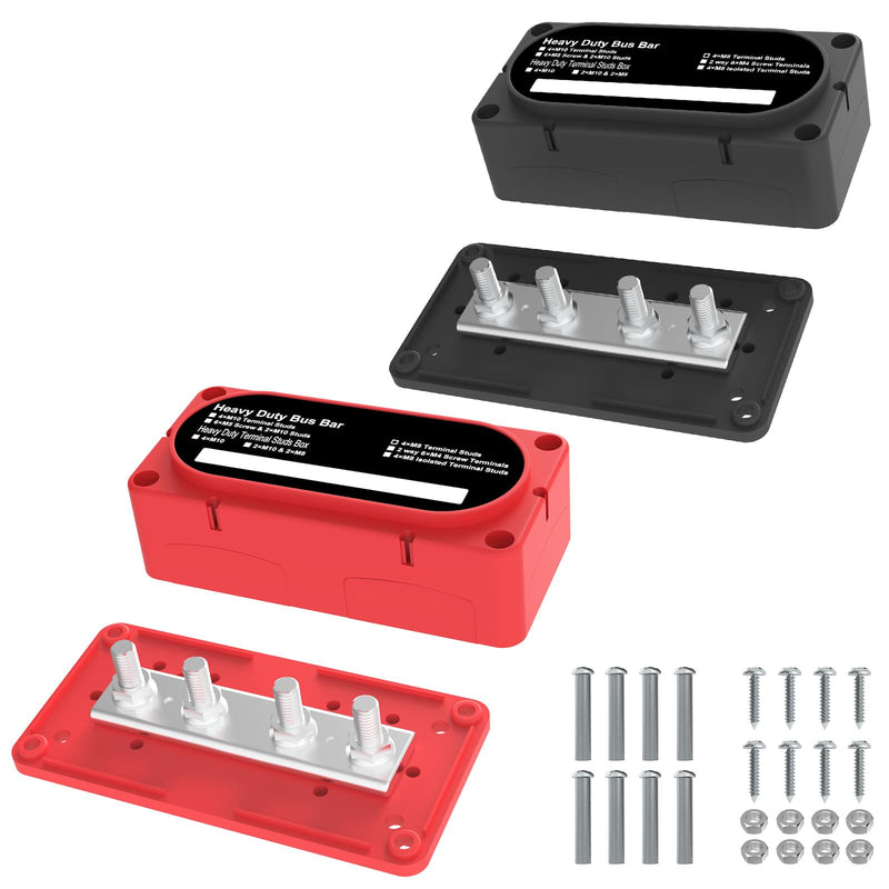 Heavy Duty Range Bus Bar 300A 12V Power Distribution Block with 5/16 Inch (M8) 4-Post Terminal Block with Cover for Automotive, Marine, Battery System (Black & Red) 300A-5/16''(M8) Black & red
