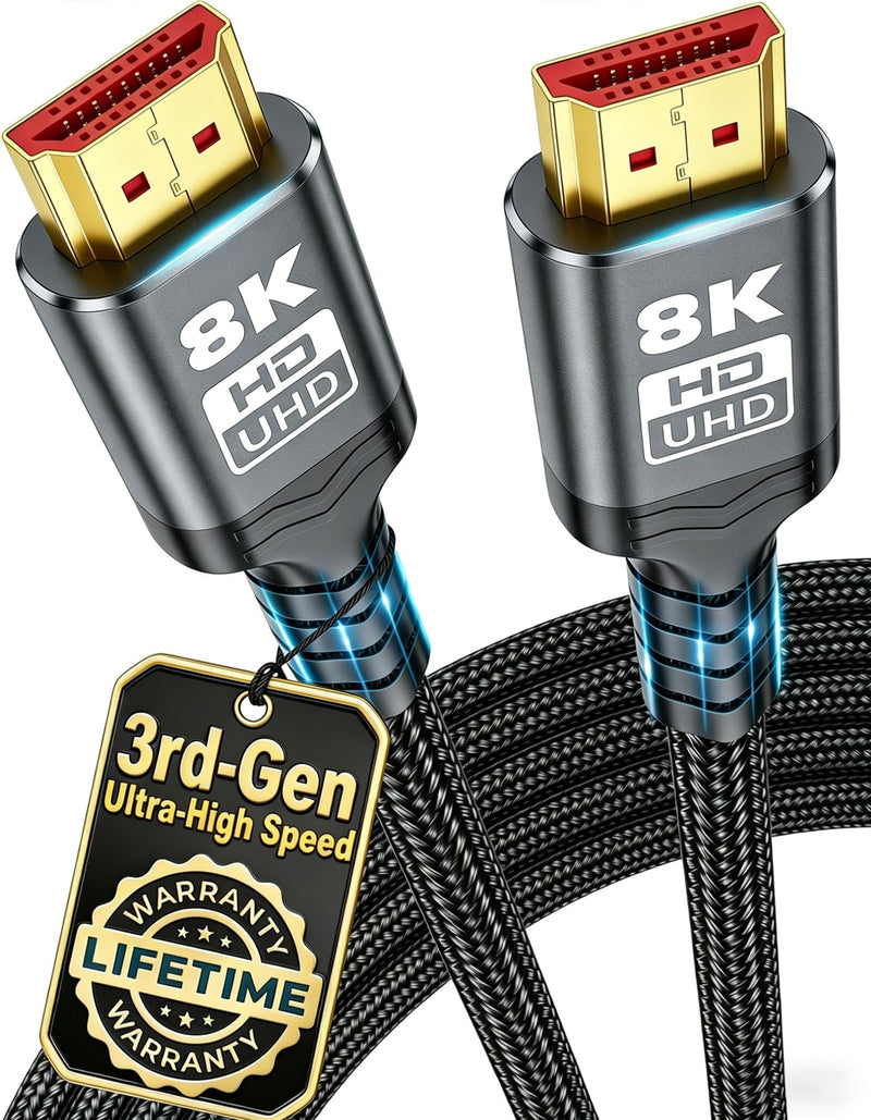 20FT 8K HDMI 2.1 Cable, Military Grade Nylon Braided, 48Gbps Gold-Plated Ultra High Speed HDMI Cord, 10K 8K@60Hz 4K@120Hz, Compatible with TV, PS5, Xbox, Projector & Sound System 20Feet