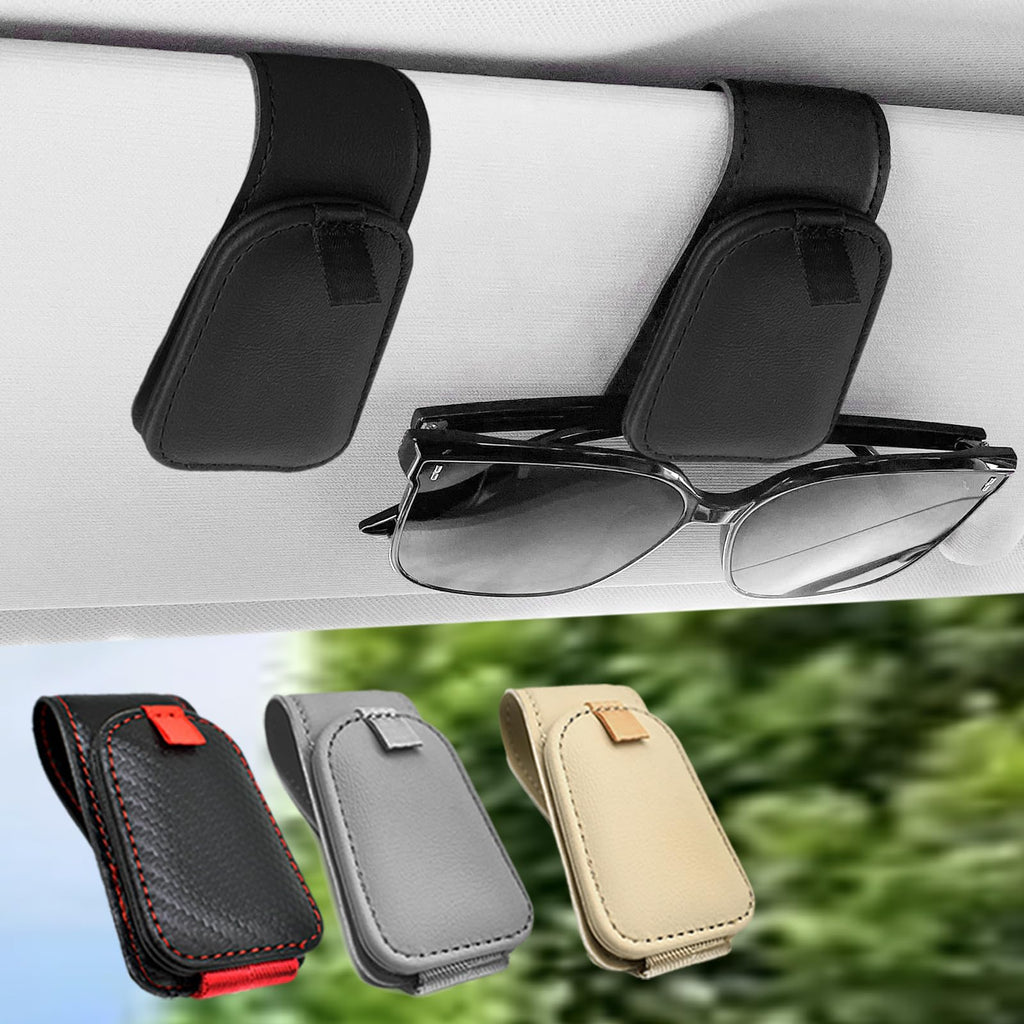 Sunglass Holder for Car, 2 Pack Car Sunglass Holder Visor Clip Magnetic Leather Sun Glasses Eyeglass Hanger, Black, Fit for Different Size Eyeglasses