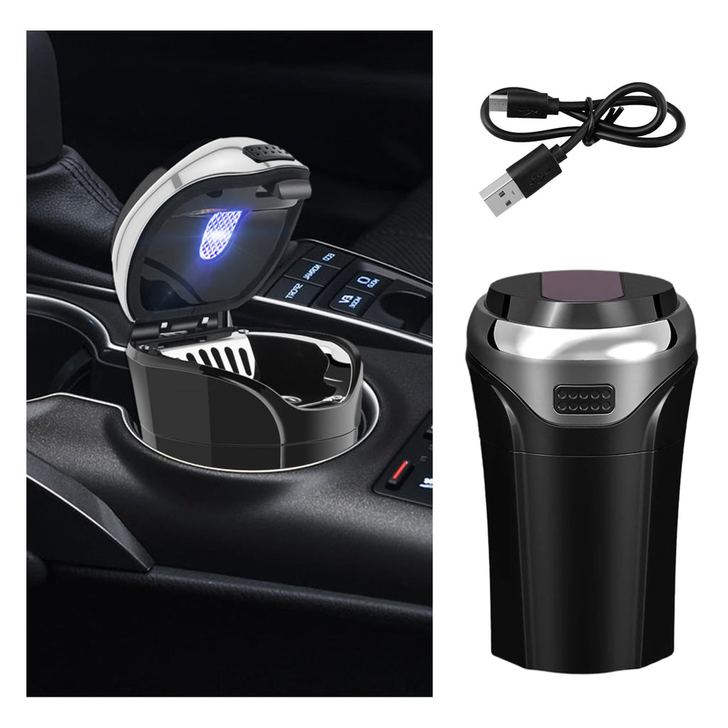 Car Ashtray with Lid, Detachable USB Rechargeable Auto Cigarette Lighter with Blue LED Light, Portable Smell Proof Stainless Car Ash Tray, Mini Automotive Trash Can (Silver) Silver