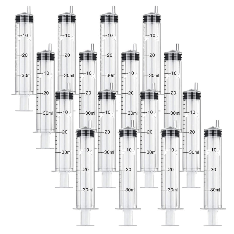 Sterile Syringes with Lid Plastic Syringe 30 ml Pack of 16 | Reusable plastic syringe for small pet feeding, laboratory, plant watering, engine oil or brake fluid 16 pieces 30ml