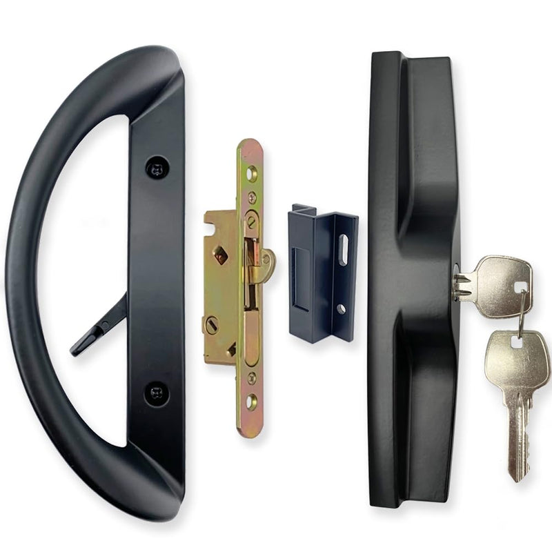 ALLYWASAI Patio Sliding Door Handle Set with Mortise Lock, Key Cylinder and Keeper, Replacement Handle Lock Set Fits Door Thickness from 1-1/2" to 1-3/4", 3-15/16" Screw Hole Spacing, Keyed, Black with Key